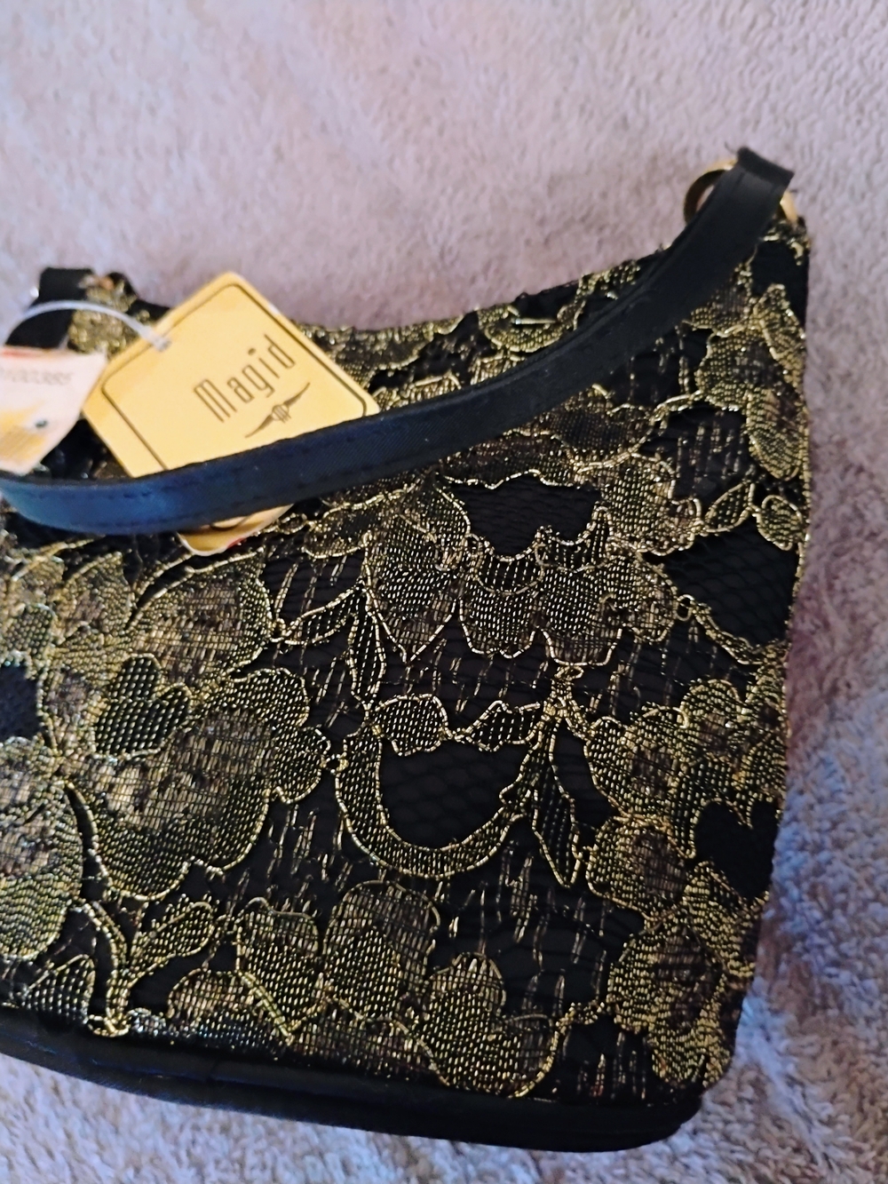 Magid Black and Gold Lace-Overlay Shoulder Bag